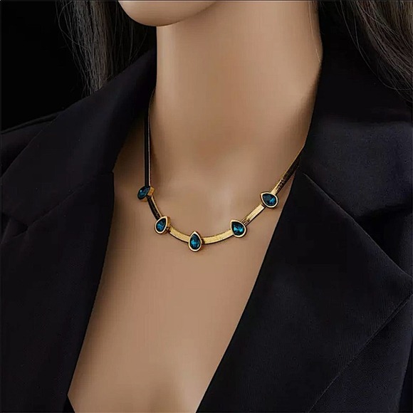 Blue Sapphire Gold Plated Zircon Herringbone Charm Flat Necklace - Picture 2 of 6